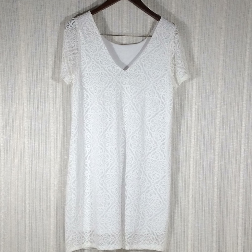 Vintage White Lace A Line V Neck Dress-Size L